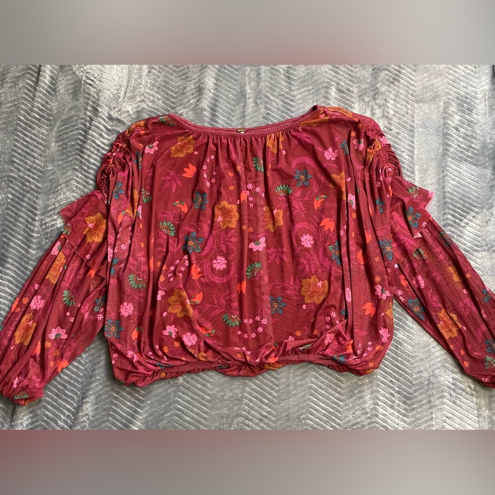 Free People Wildflower Honey Mesh Floral Top Blouse Berry Red Small